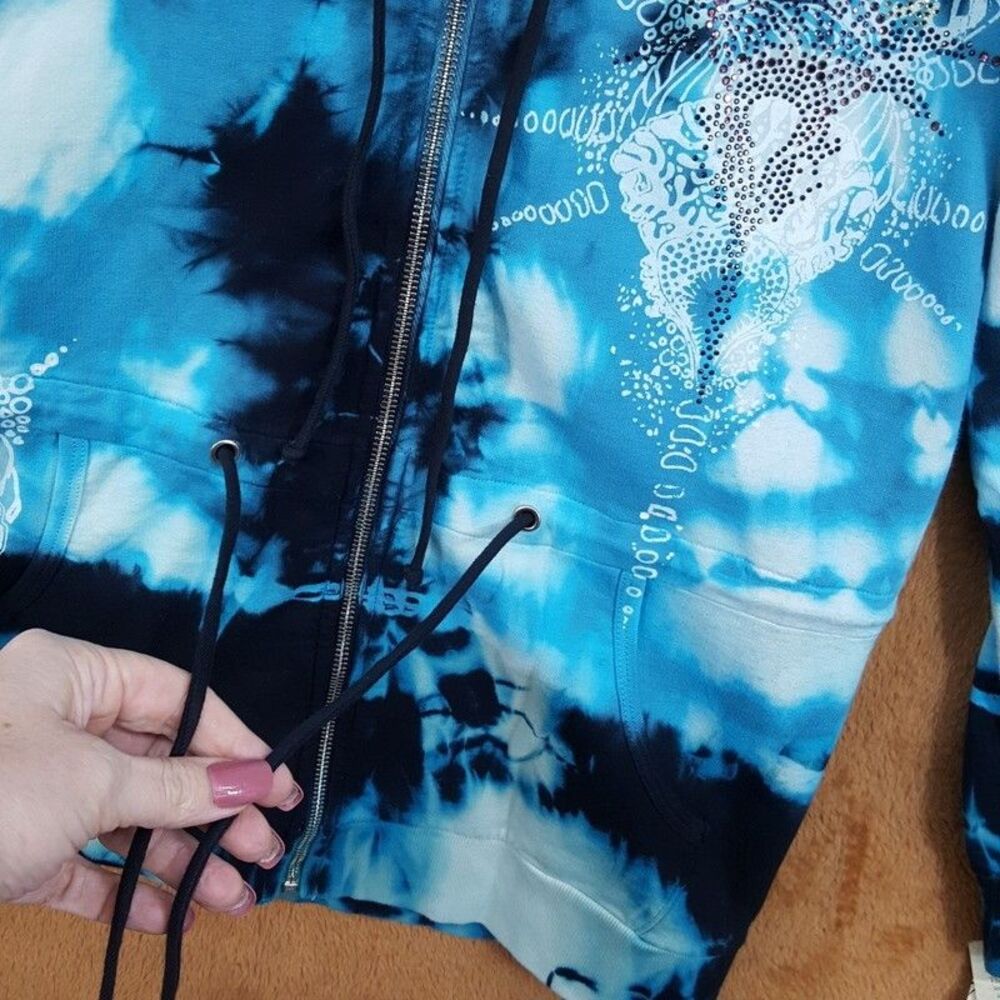 SLEDGE USA Vintage Hoodie Womens Large Blue Zip Tie Dye Rhinestone Tunic Y2K - Picture 3 of 10